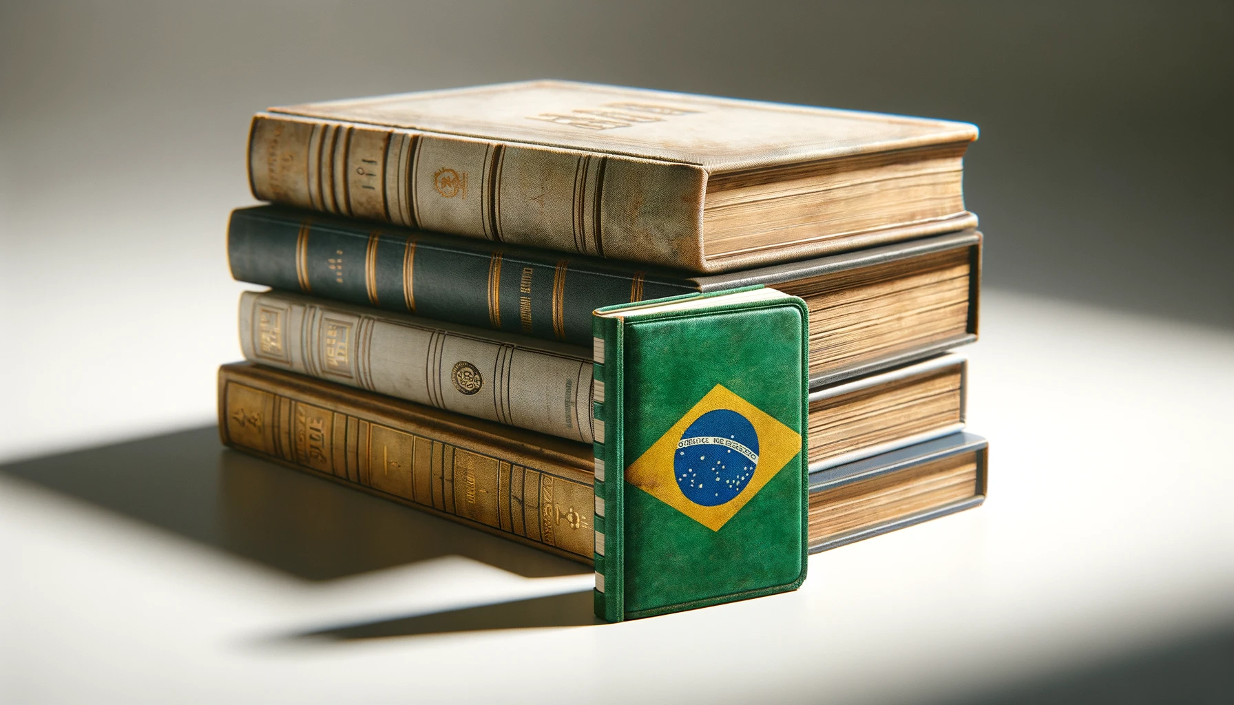 Pilha de livros antigos com um exemplar contendo a bandeira do Brasil na capa, representando os principais livros da literatura brasileira.