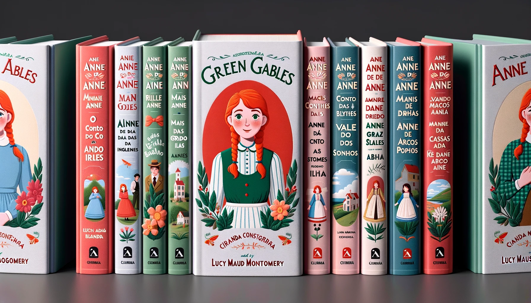 Imagem de um box de livros da coleção Anne de Green Gables com várias capas coloridas exibindo títulos variados.